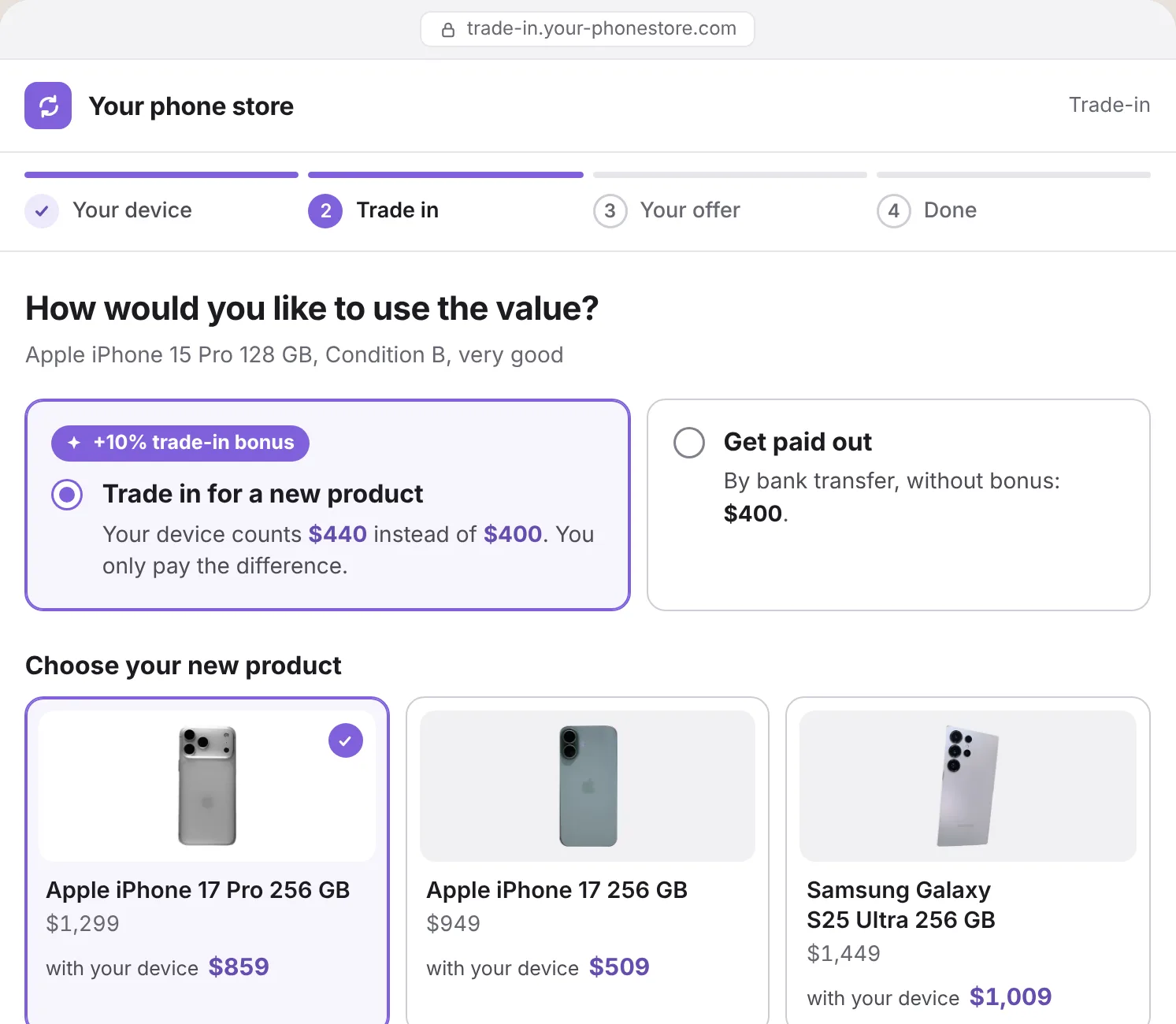 Webshop: trade-in for a new product with trade-in bonus
